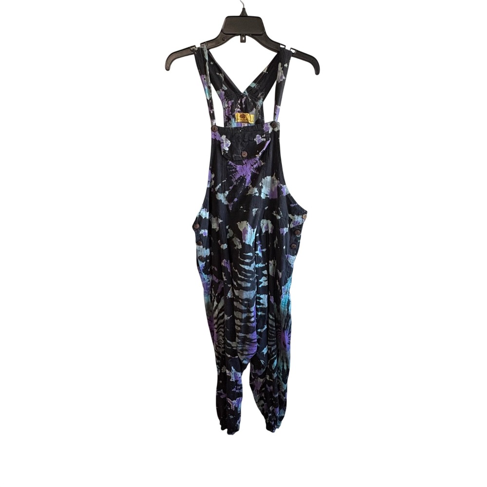 Himalaya Handmade Size S/M Black Purple Tie Dye Jumpsuit Overalls Boho Hippie